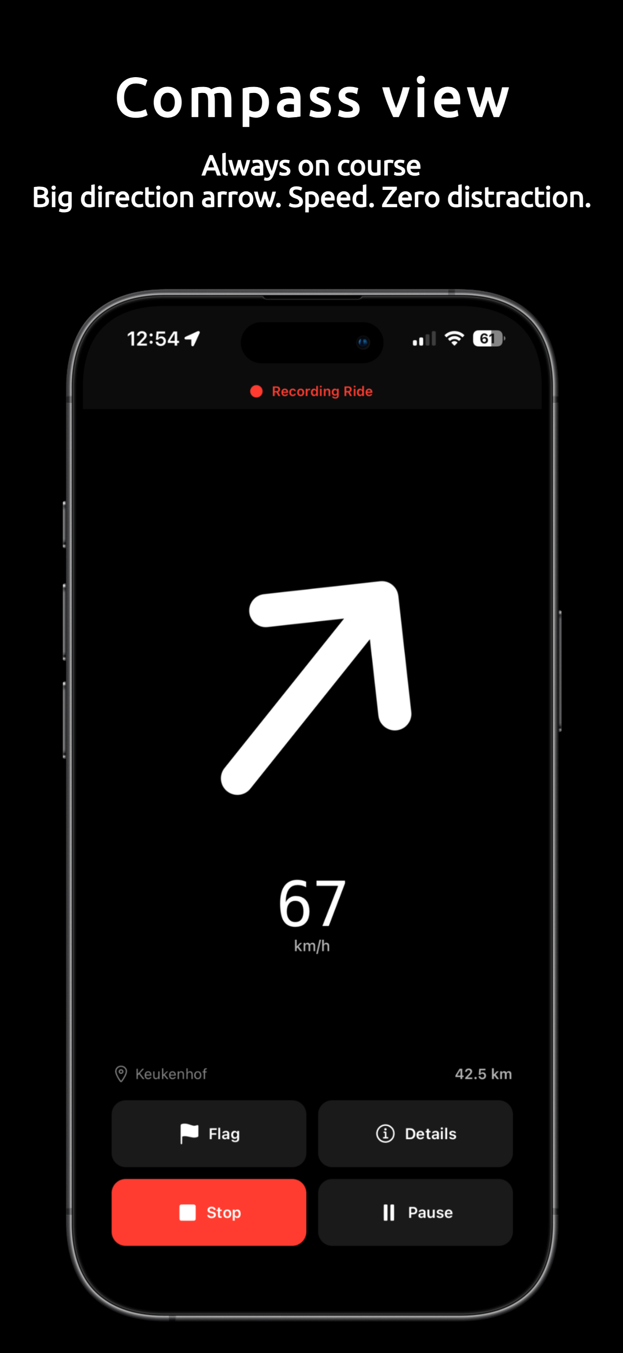Heading app compass navigation showing direction arrow and speed at 67 km/h