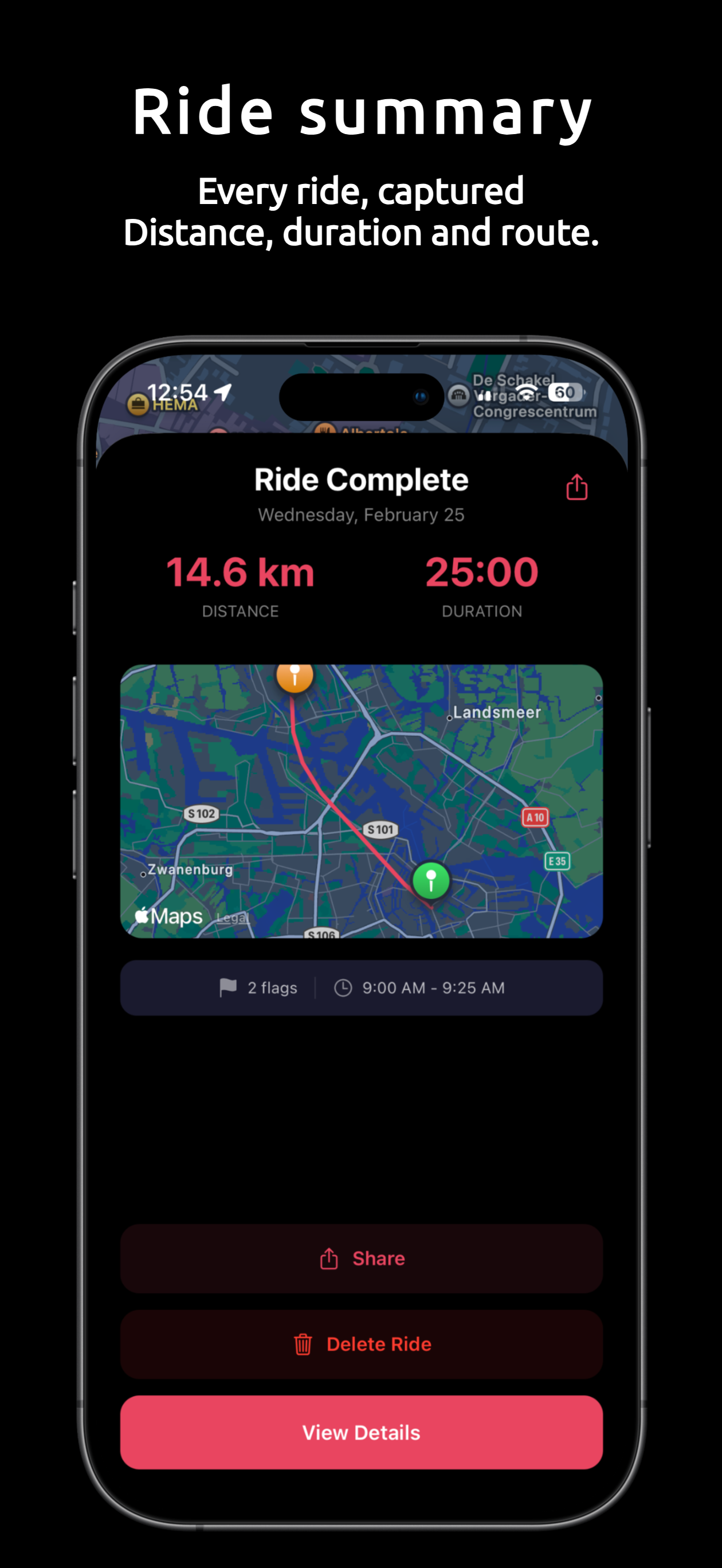 Heading app ride summary showing 14.6 km distance and route map