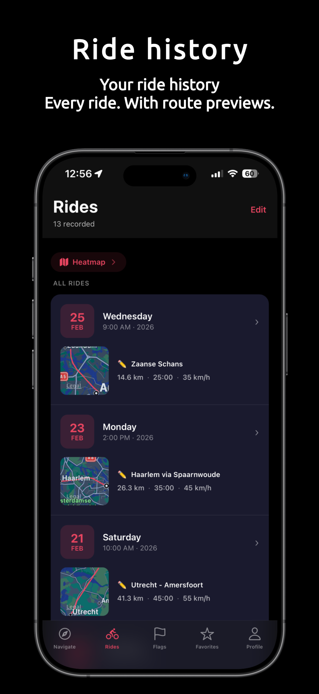 Heading app ride history showing recorded motorcycle rides with route thumbnails, distance, and speed