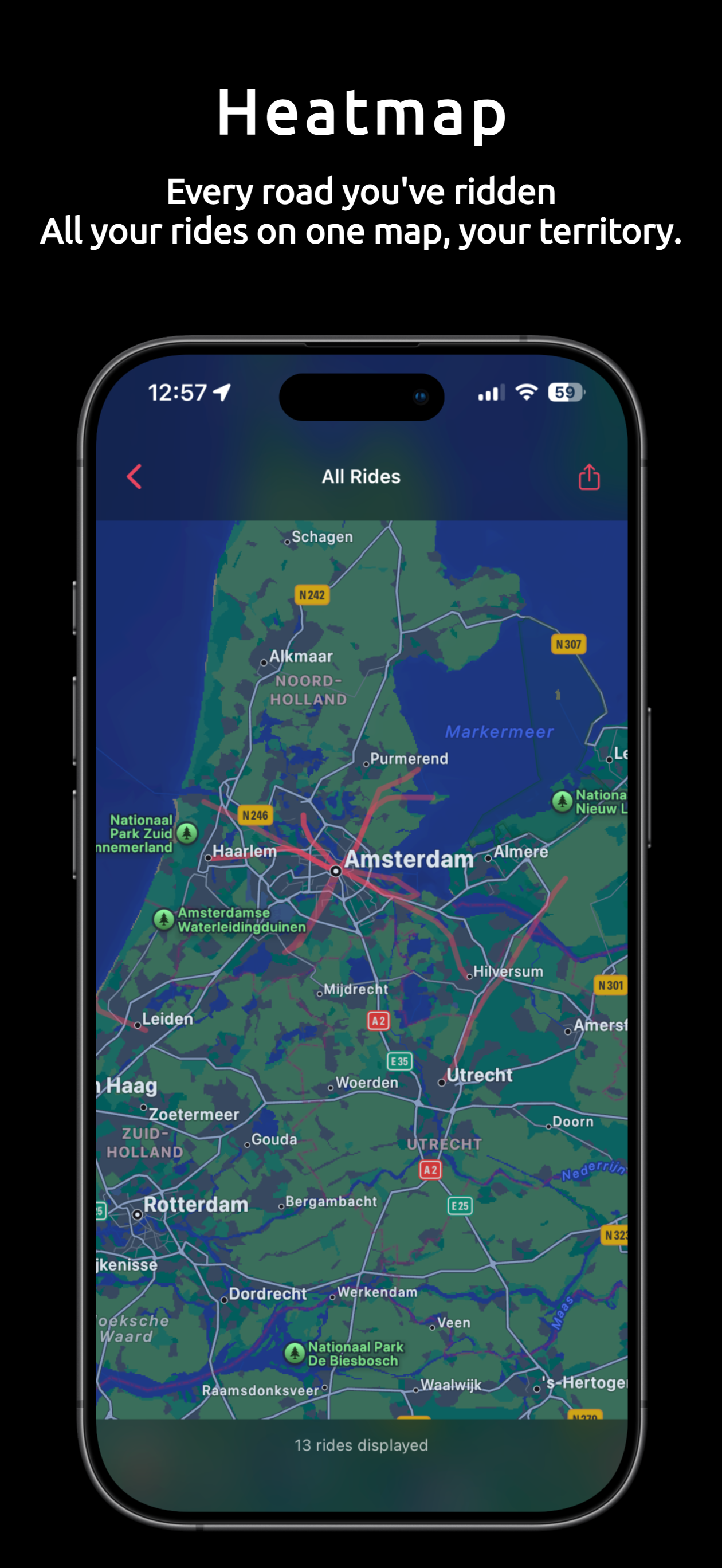 Heading Pro ride heatmap showing all motorcycle routes on a map of the Netherlands