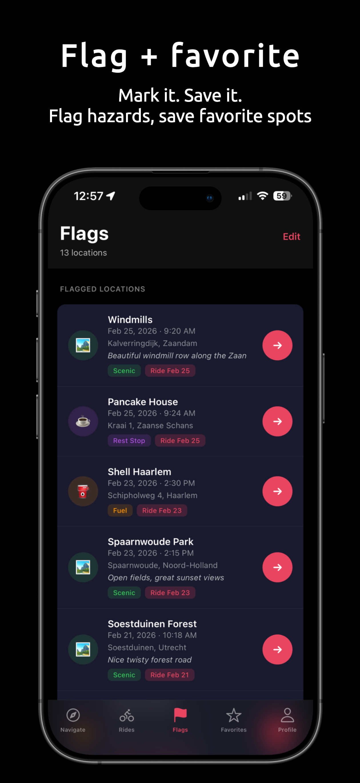 Heading app flagged locations list with scenic spots, rest stops, and fuel stations